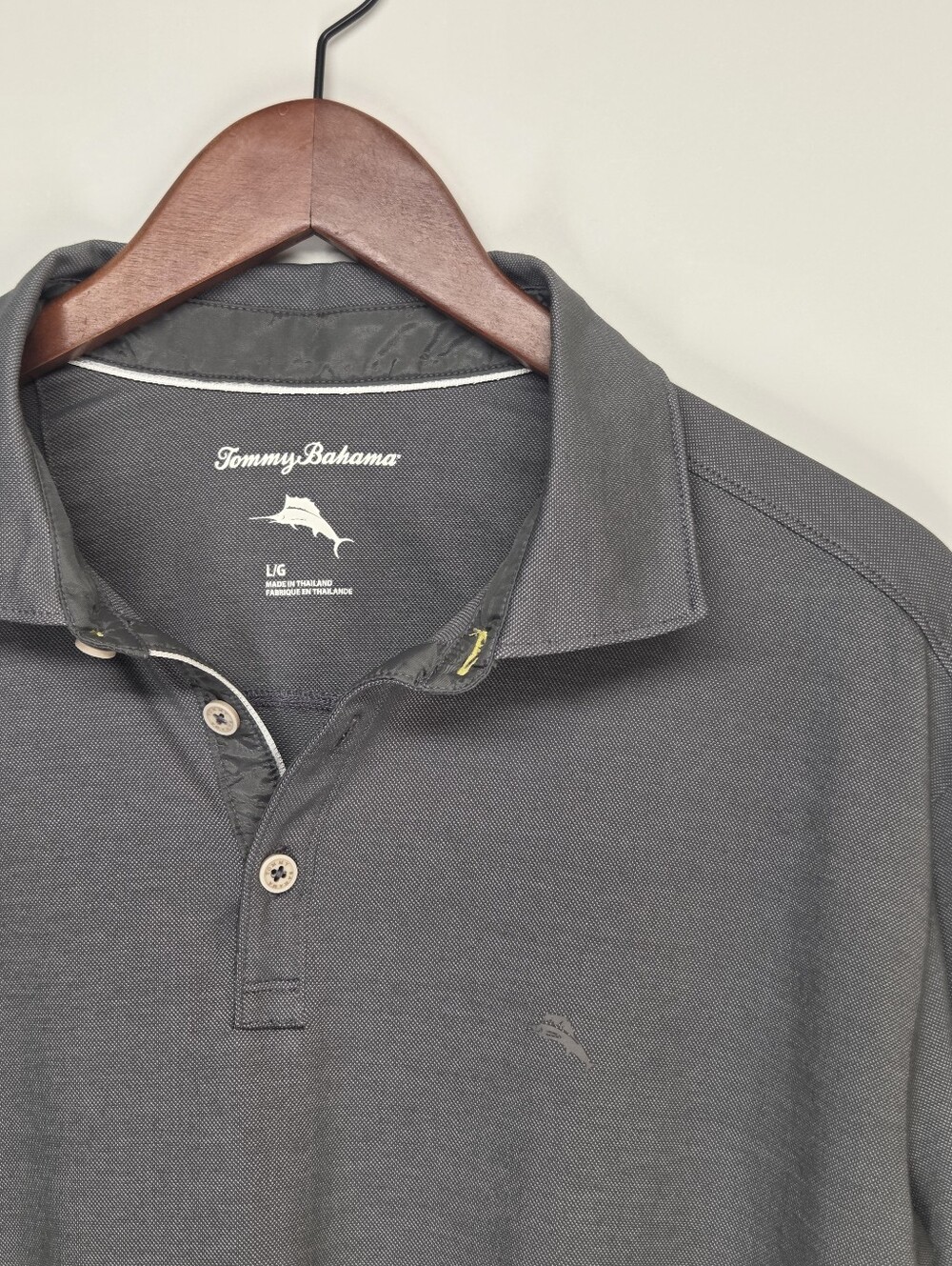 Tommy Bahama Mens Large Gray Pique Polo Shirt Stretch Marlin Logo Short Sleeve